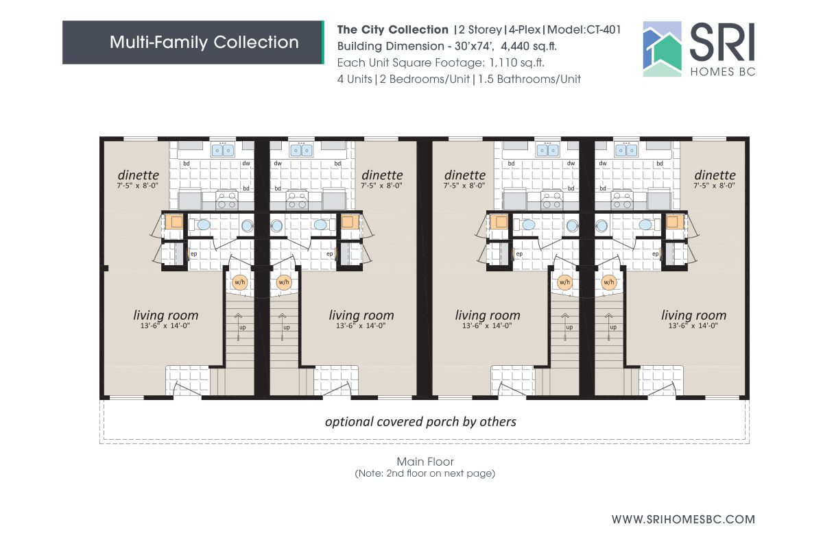 Four-unit apartment floor plan layout.