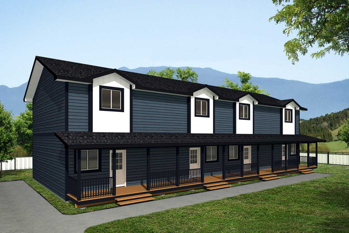 Dark blue townhouse with mountain backdrop.