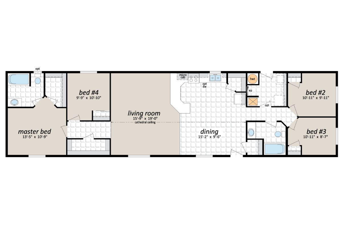 House floor plan with four bedrooms.