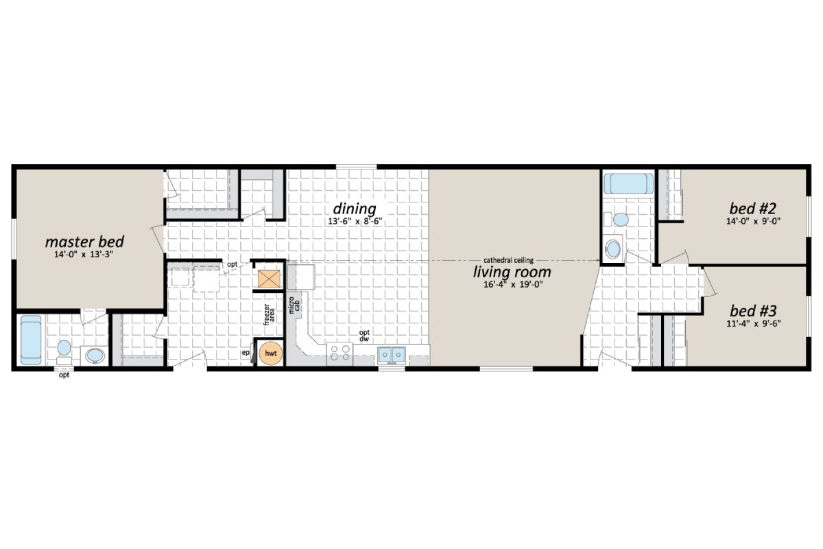 Three-bedroom house floor plan layout.