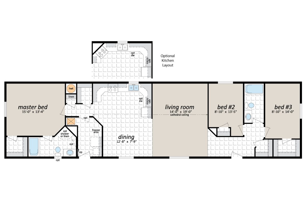 House floor plan with three bedrooms layout.