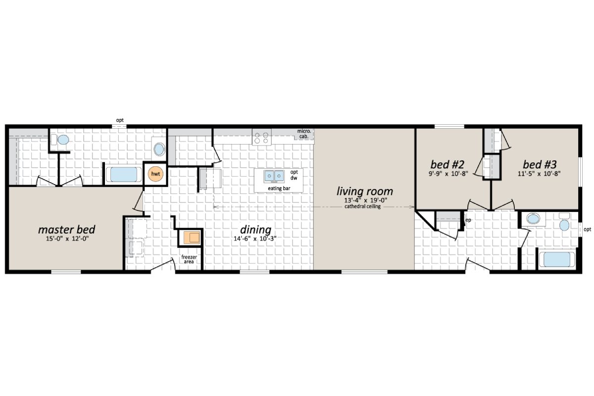 Three-bedroom apartment floor plan layout.