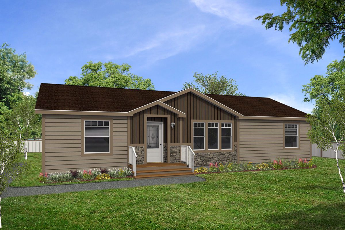 Single-story house with landscaped front yard.
