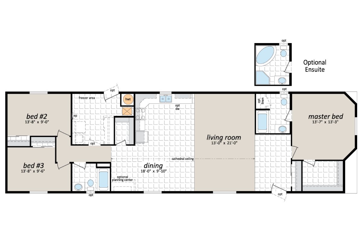 Three-bedroom house floor plan layout.