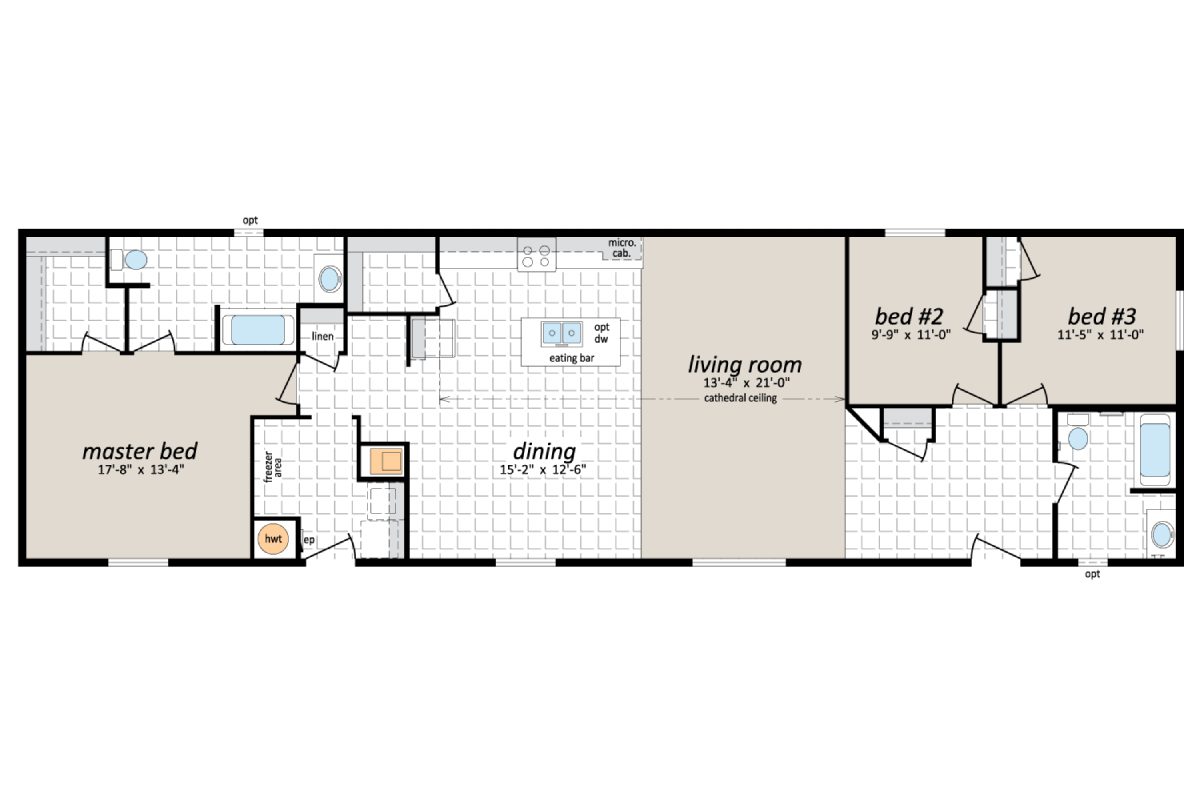 Floor plan with three bedrooms and living room.