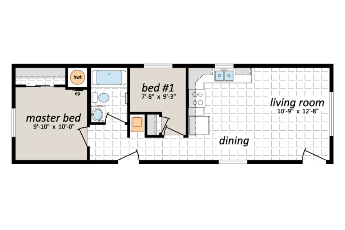 Apartment floor plan with two bedrooms.