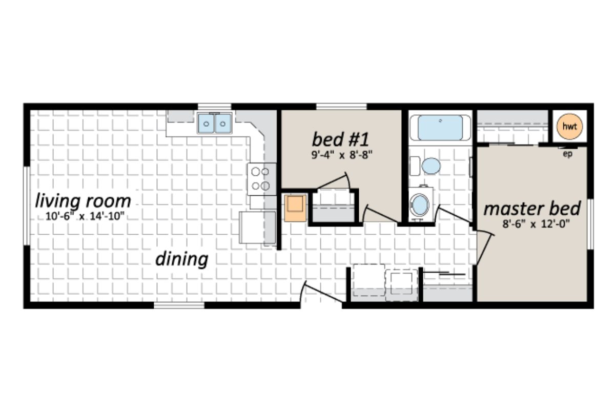 Floor plan with two bedrooms and living area.