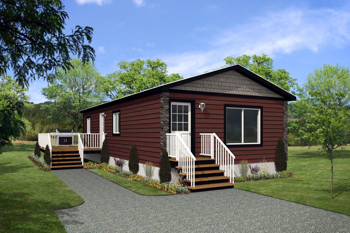 Red house with white steps and trees.