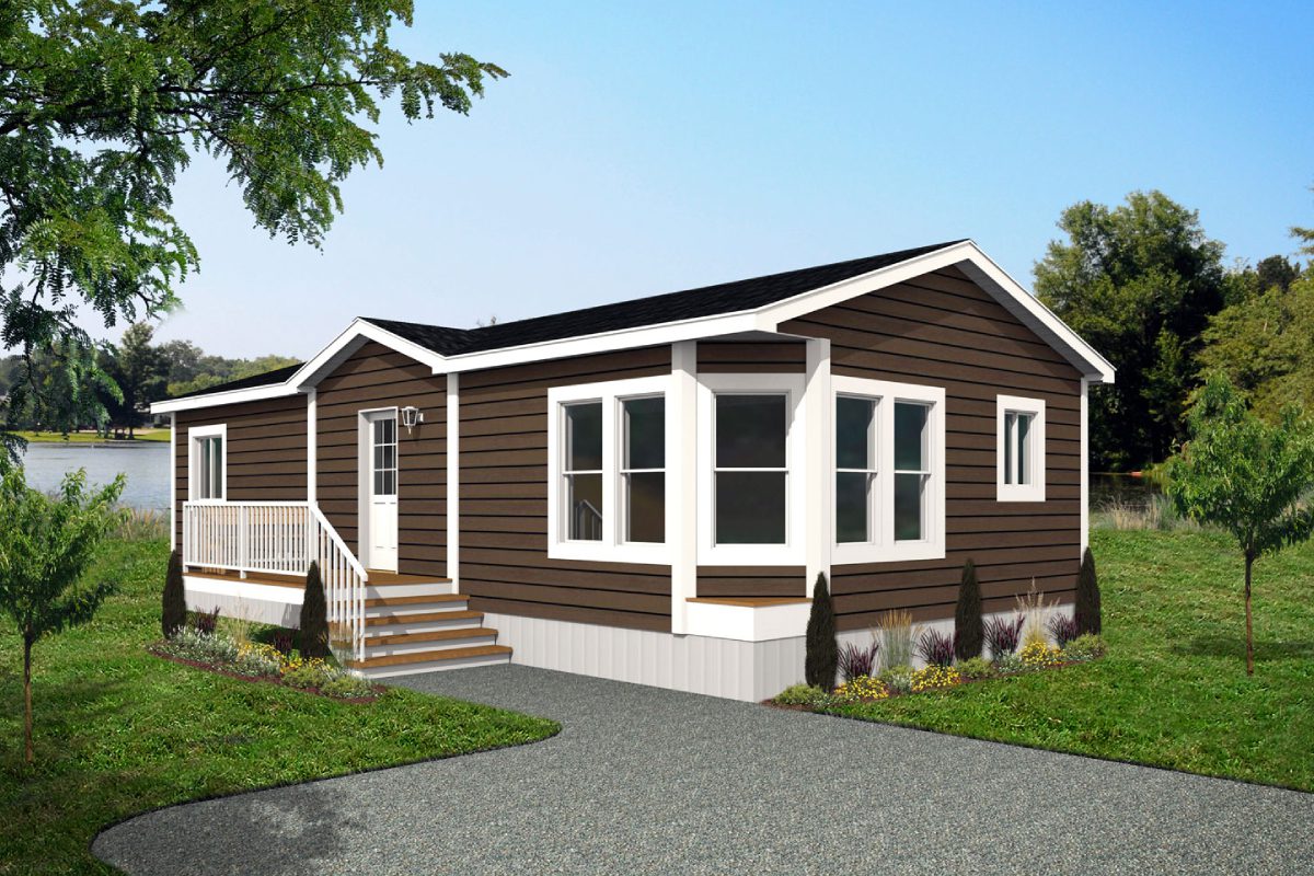 Brown modular home with white trim.