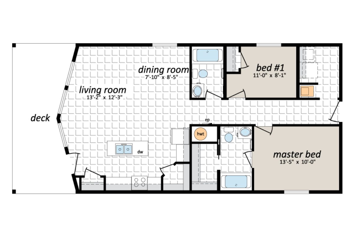 Home floor plan with two bedrooms.