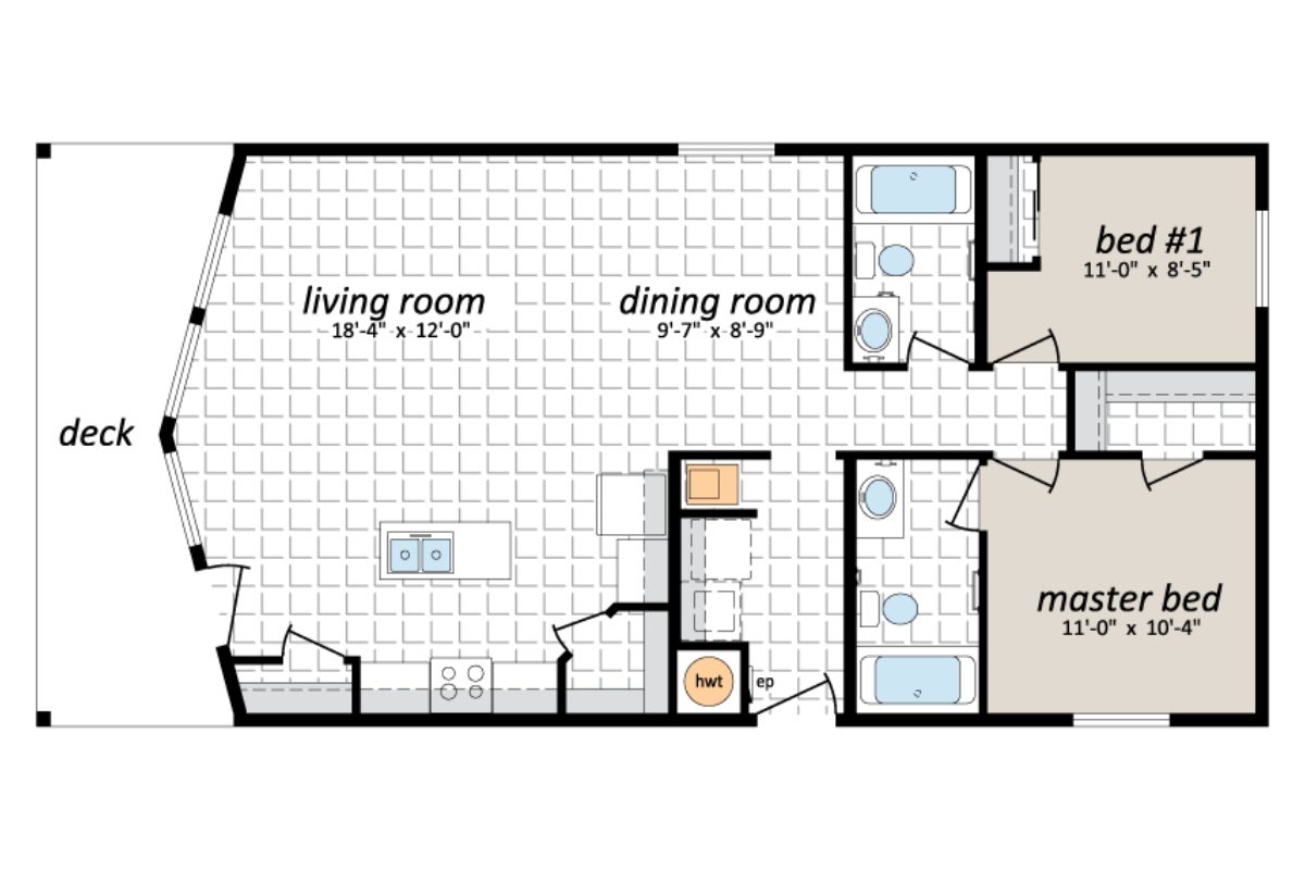 Floor plan with two bedrooms and deck.