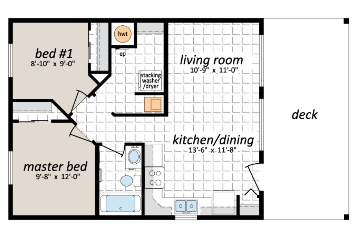 Two-bedroom apartment floor plan with deck.
