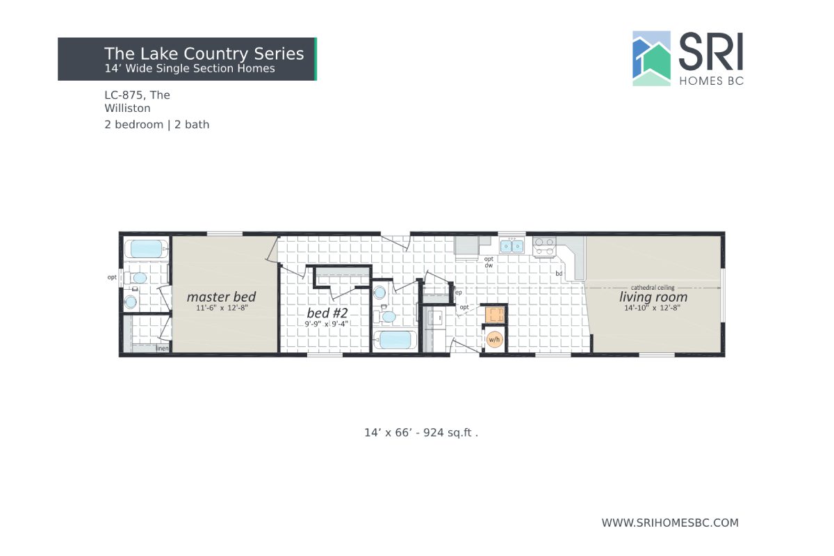 Floor plan of a two-bedroom mobile home.