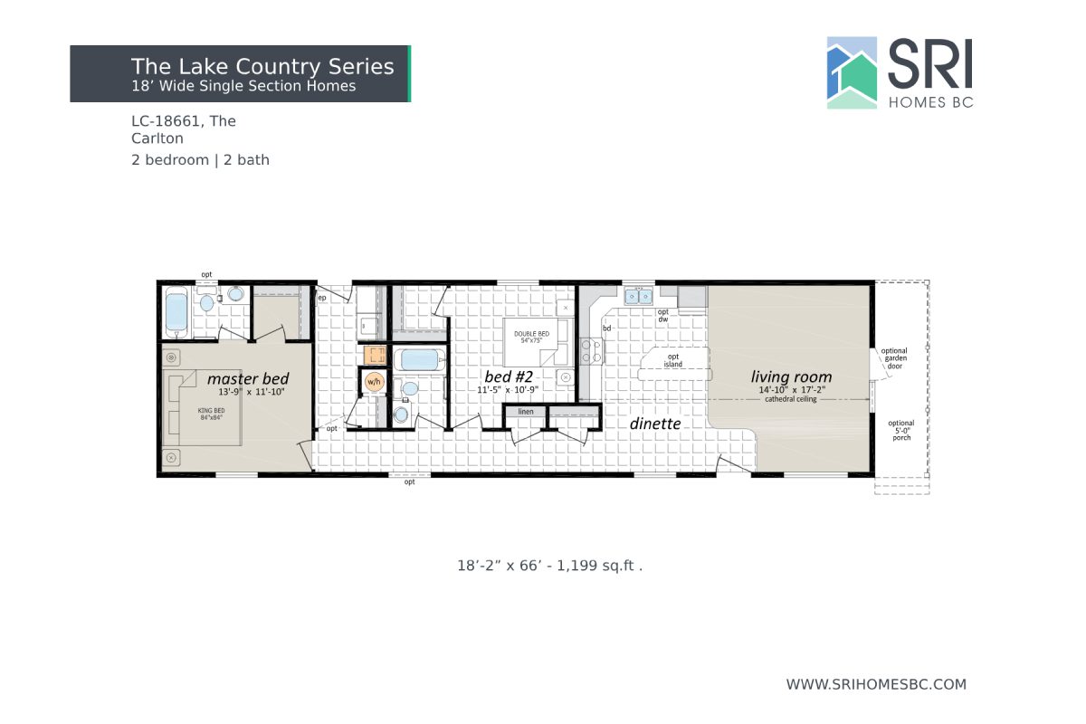 House floor plan with two bedrooms, two baths.