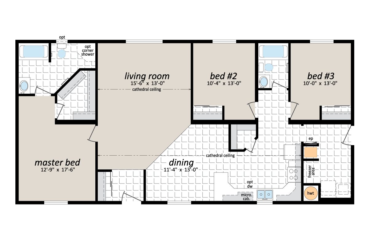 Three-bedroom house floor plan layout.