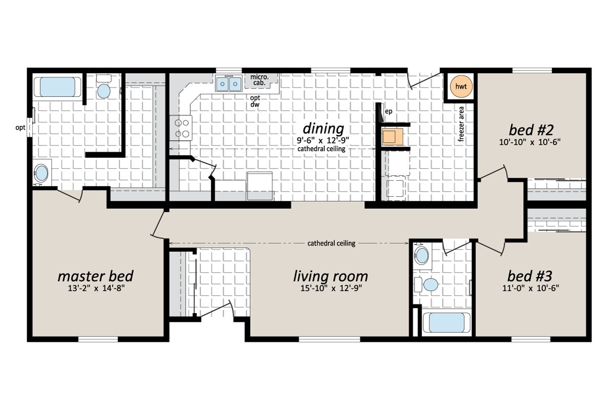 House floor plan with three bedrooms layout.