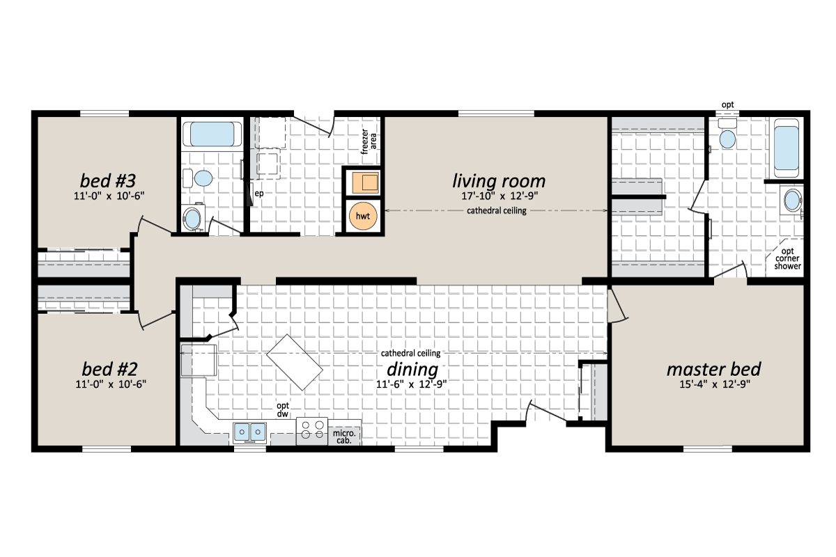 Three-bedroom apartment floor plan layout.