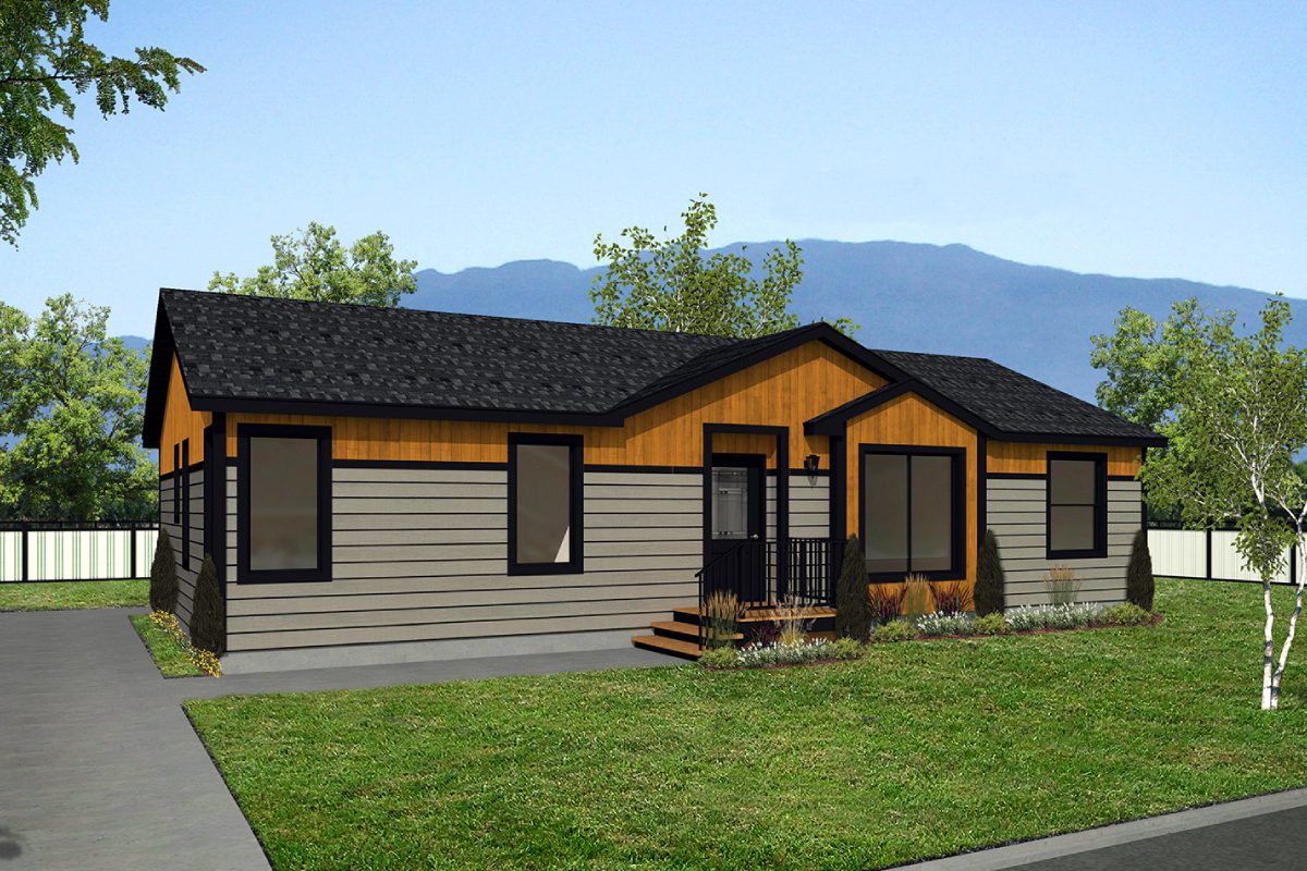 Modern single-story house with mountain backdrop.