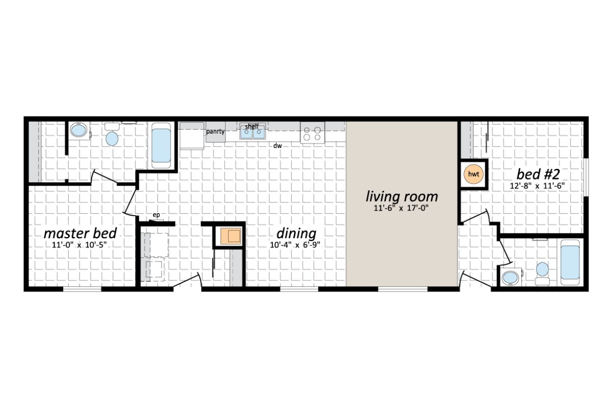 Floor plan with two bedrooms and living room.