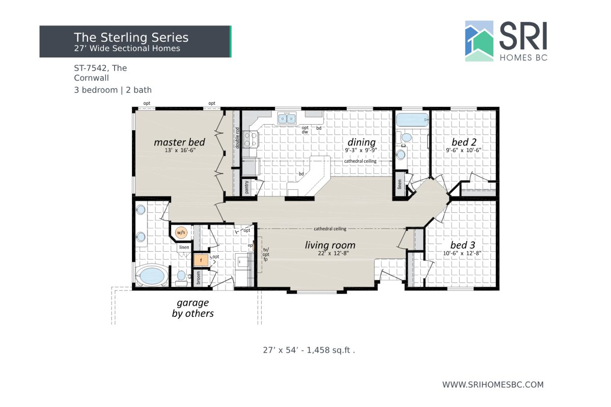 House floor plan with three bedrooms, two baths.
