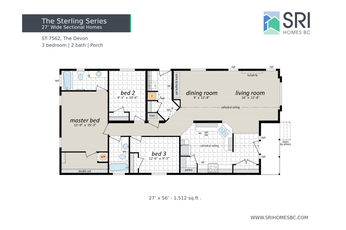 Floor plan of a three-bedroom home.