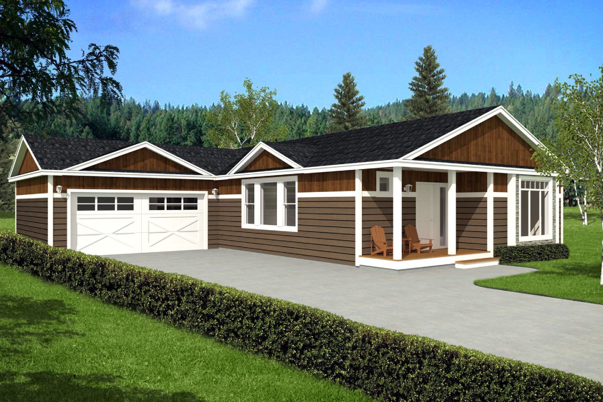 Single-story house with front porch and garage.