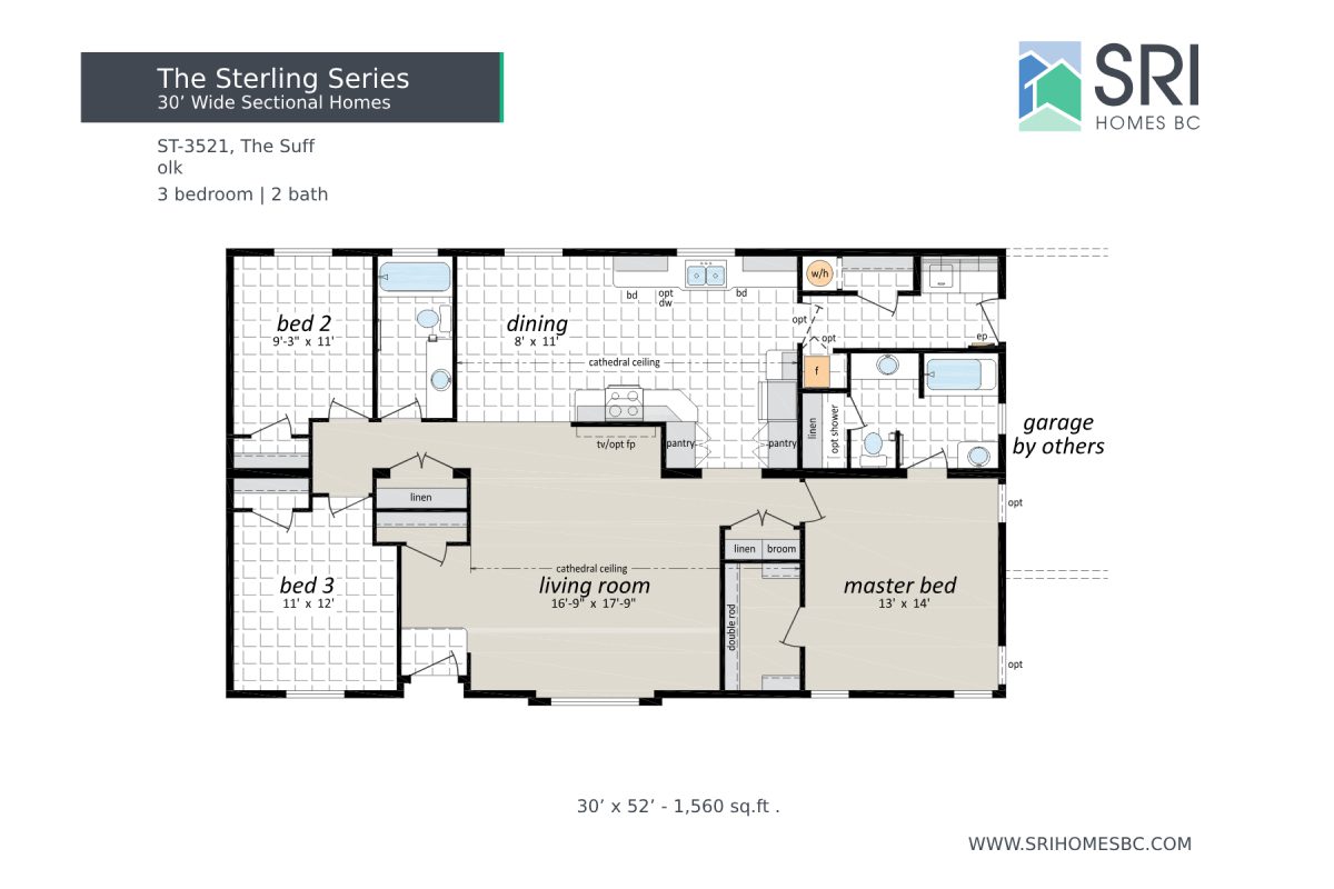 Floor plan of a three-bedroom home.