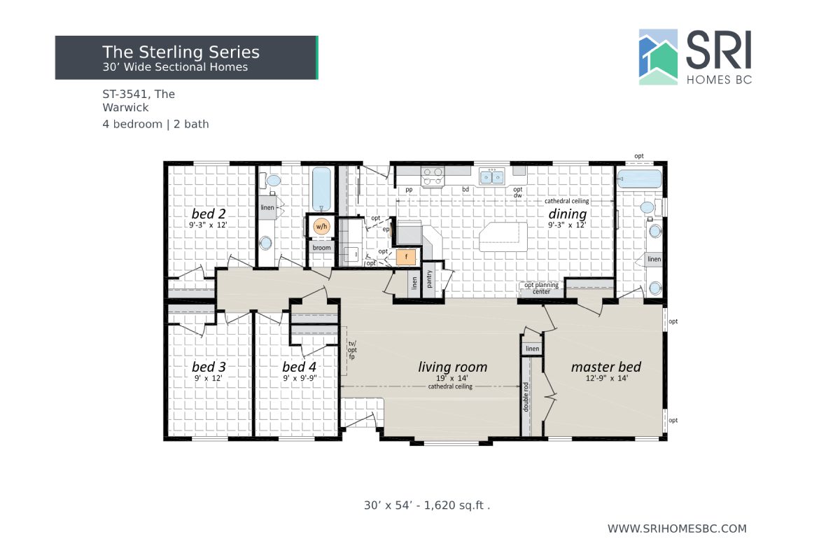 Floor plan of a four-bedroom sectional home.