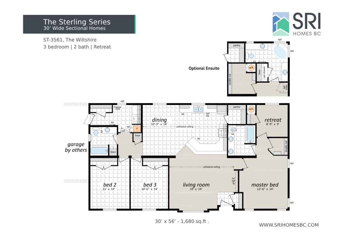 House floor plan with three bedrooms, labeled.