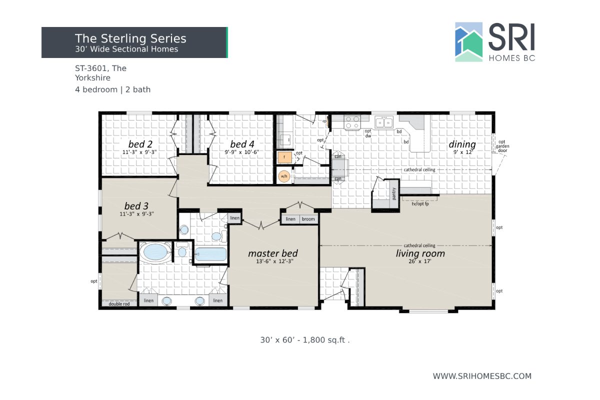 House floor plan with four bedrooms, two baths.