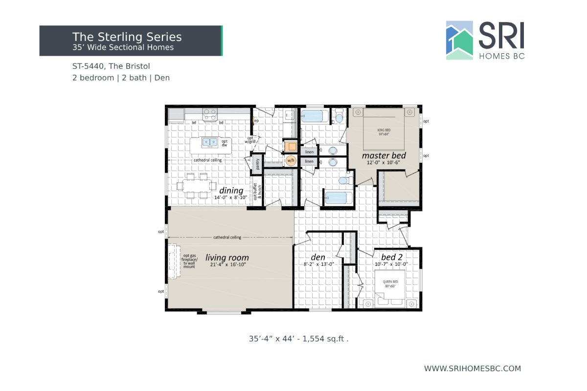 House floor plan with two bedrooms, den.