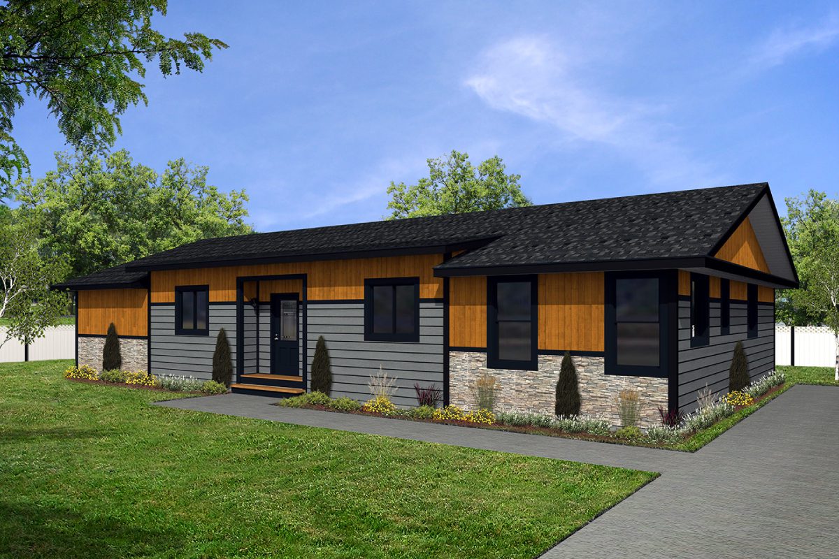 Modern single-story house with landscaped yard.