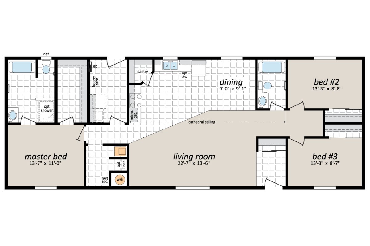 House floor plan with three bedrooms layout.