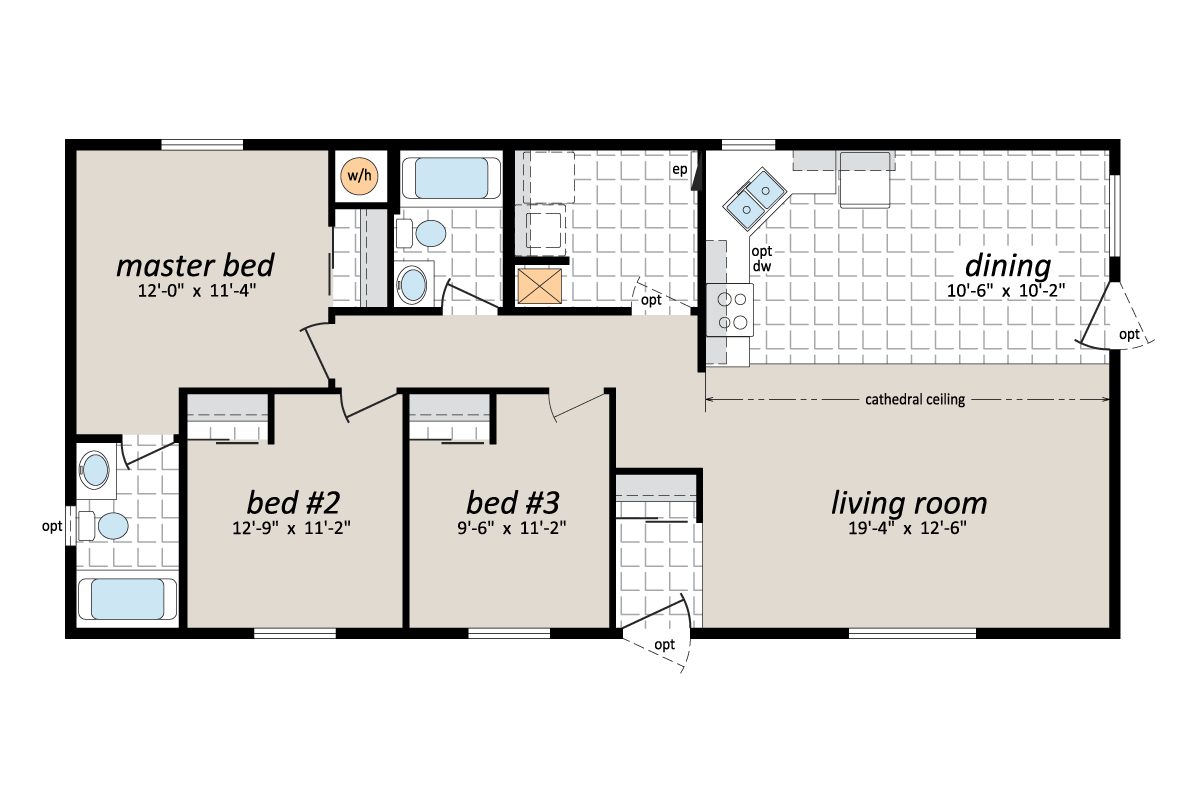 House floor plan with three bedrooms layout.
