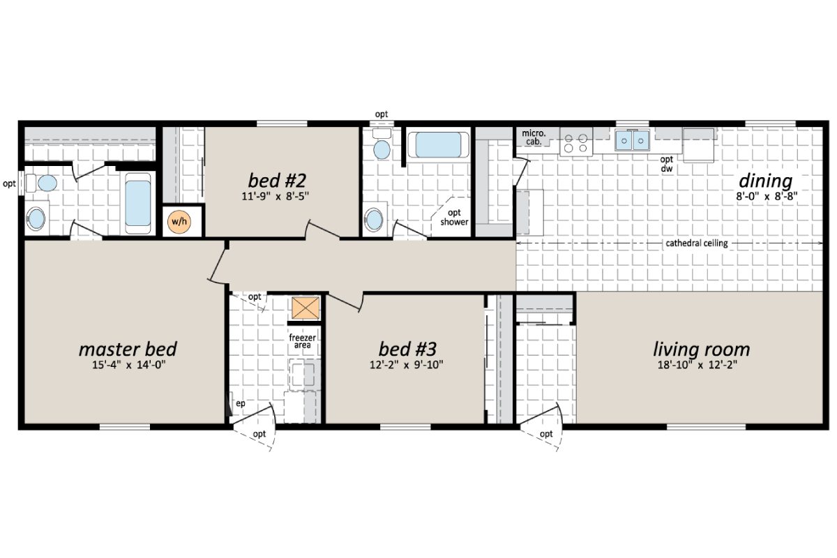 Three-bedroom house floor plan layout.