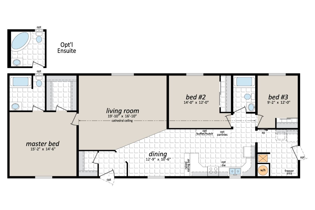 House floor plan with three bedrooms layout.