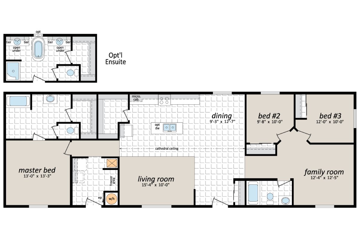 House floor plan with three bedrooms layout.