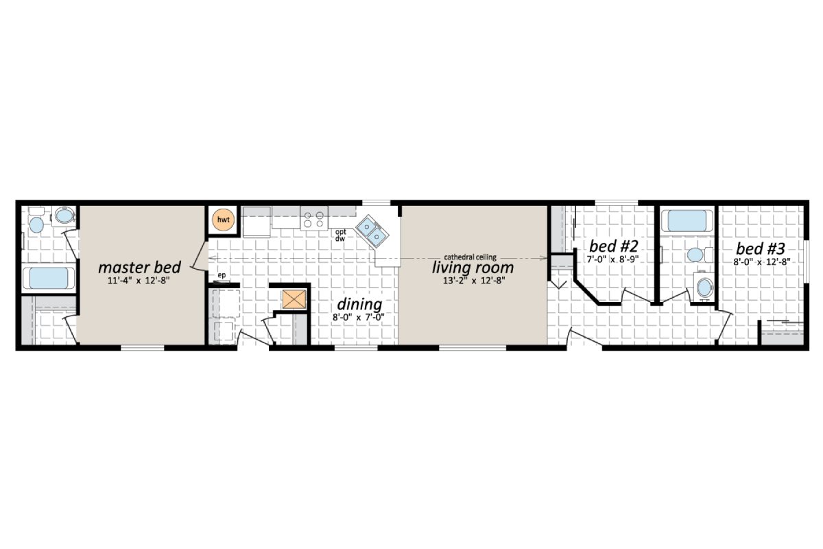 Floor plan with three bedrooms and living area.