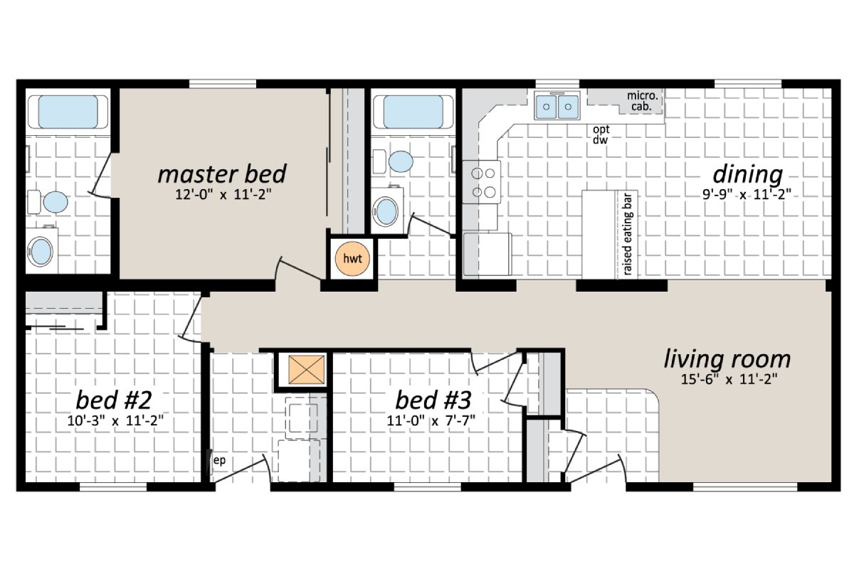 Three-bedroom apartment floor plan layout.