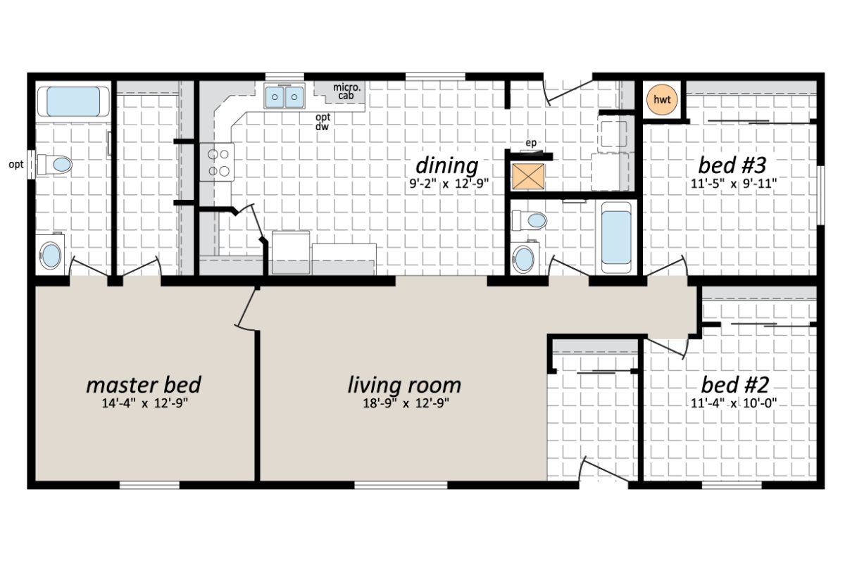 Three-bedroom apartment floor plan layout.
