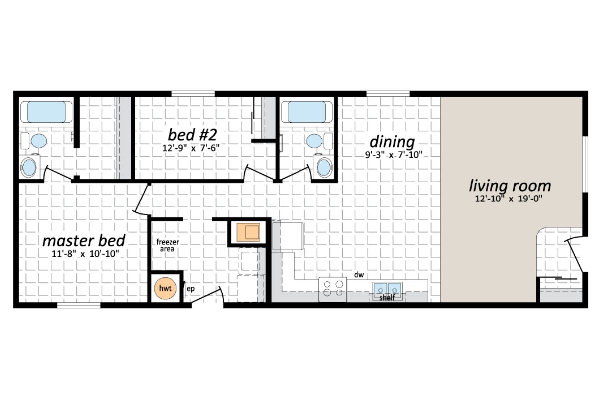 Two-bedroom apartment floor plan layout.