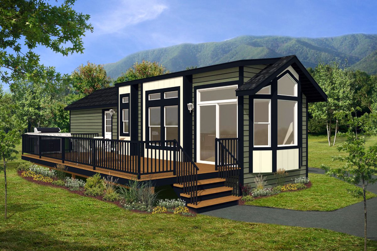 Modern tiny house with wooden deck.