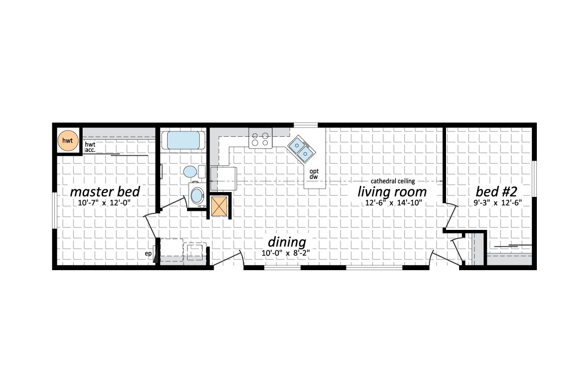 Narrow house floor plan with labeled rooms.