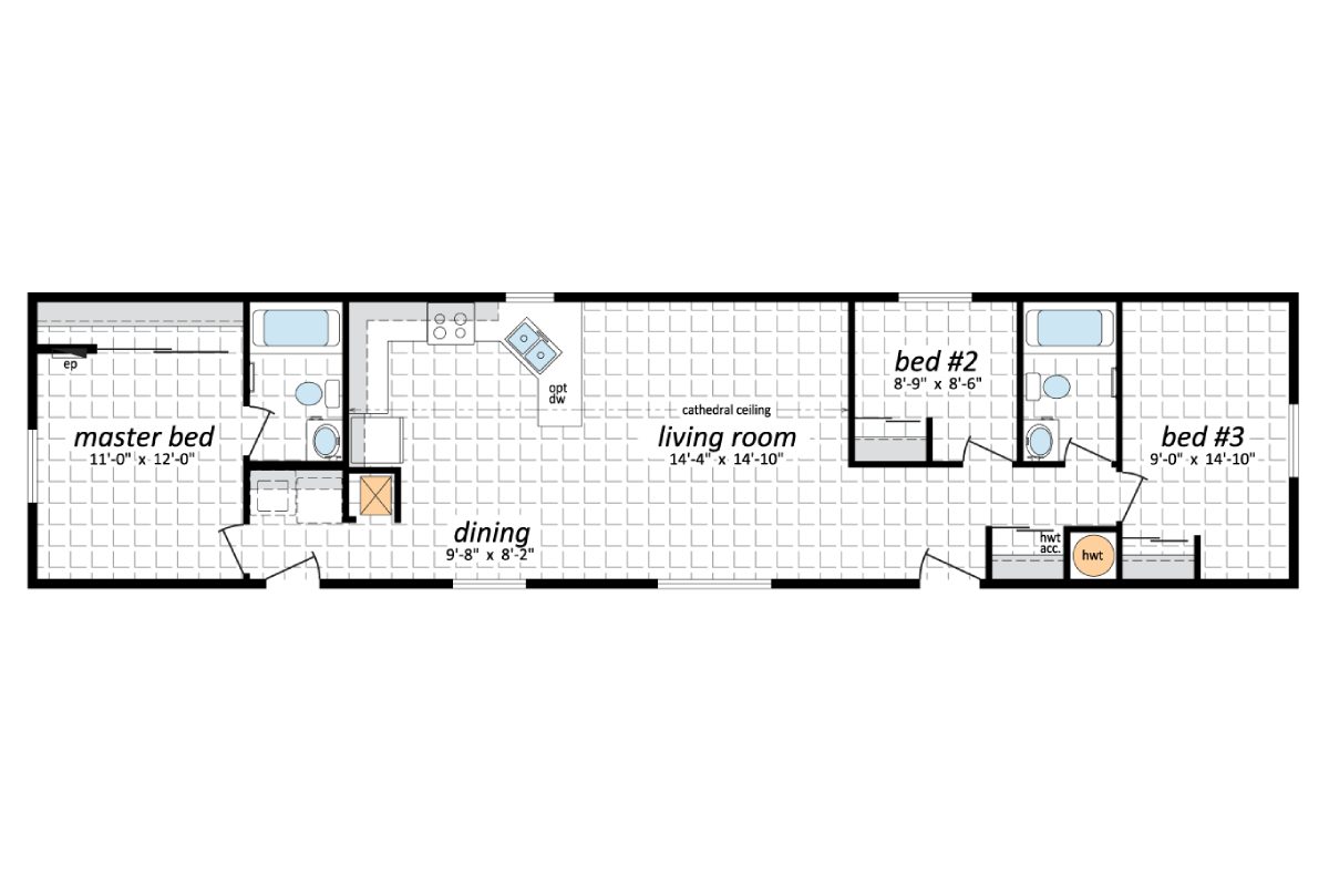 House floor plan with three bedrooms layout.