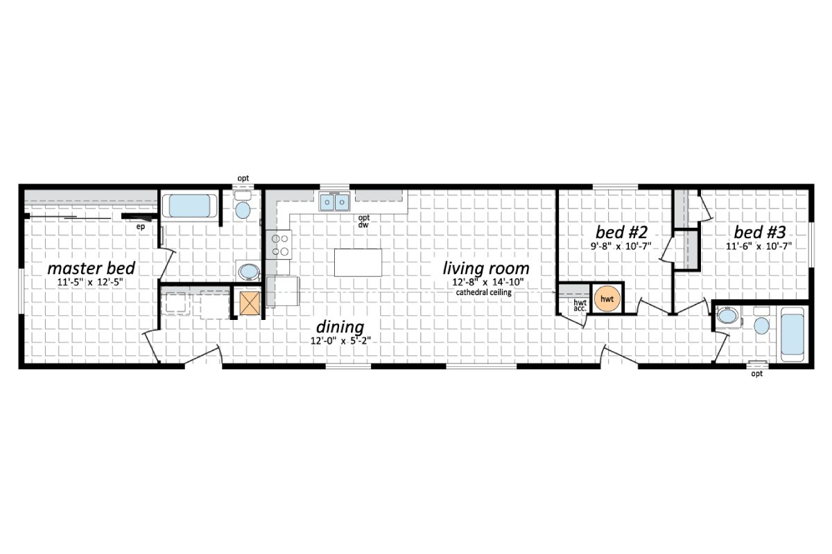 Rectangular house floor plan with three bedrooms.