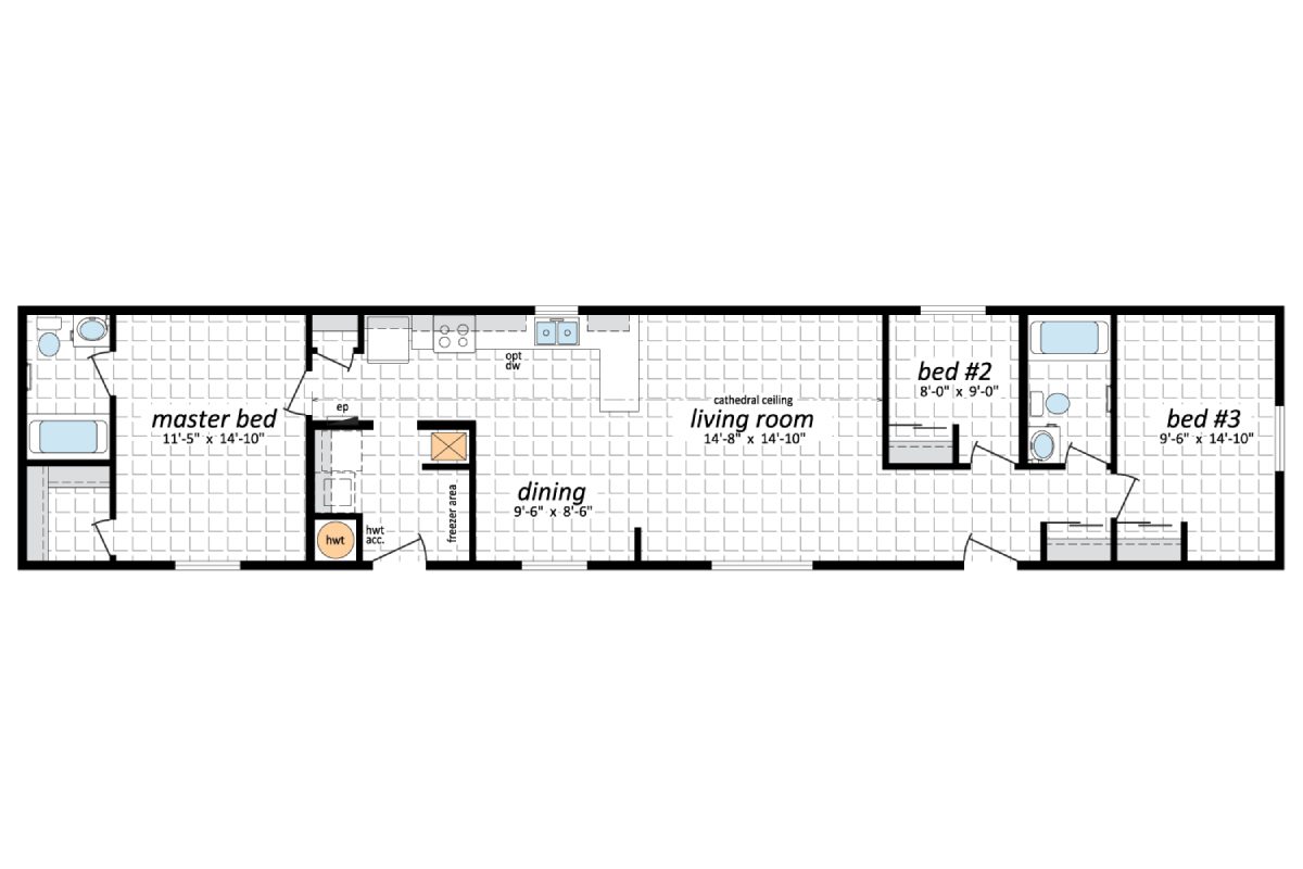 Three-bedroom apartment floor plan layout.