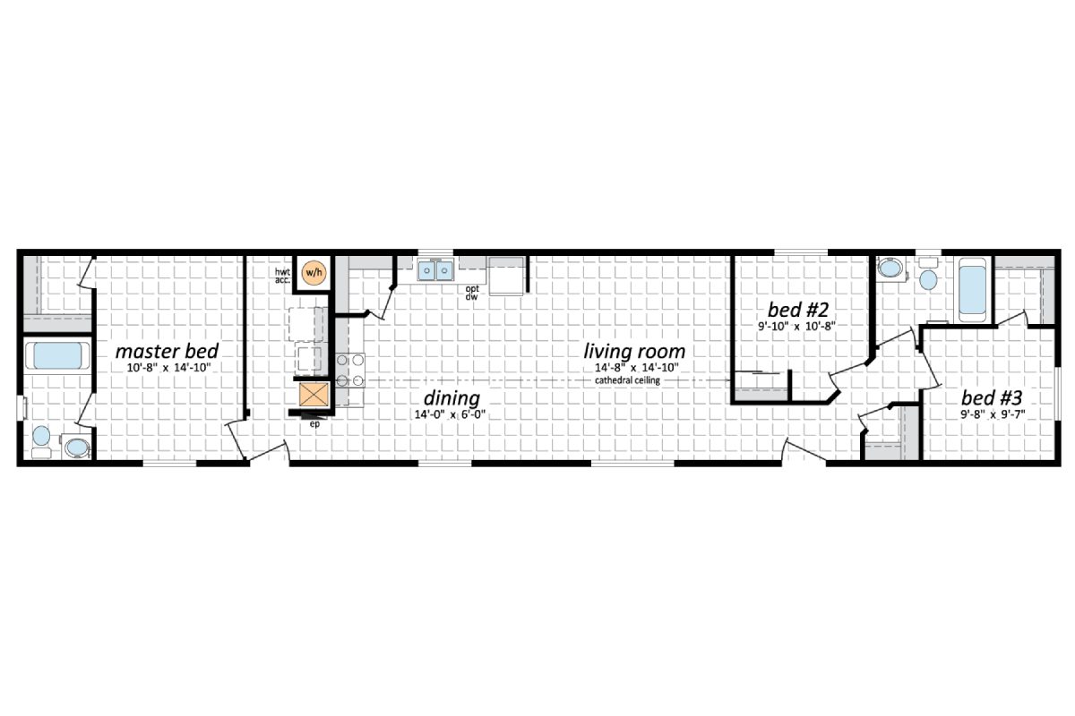Apartment floor plan with three bedrooms.