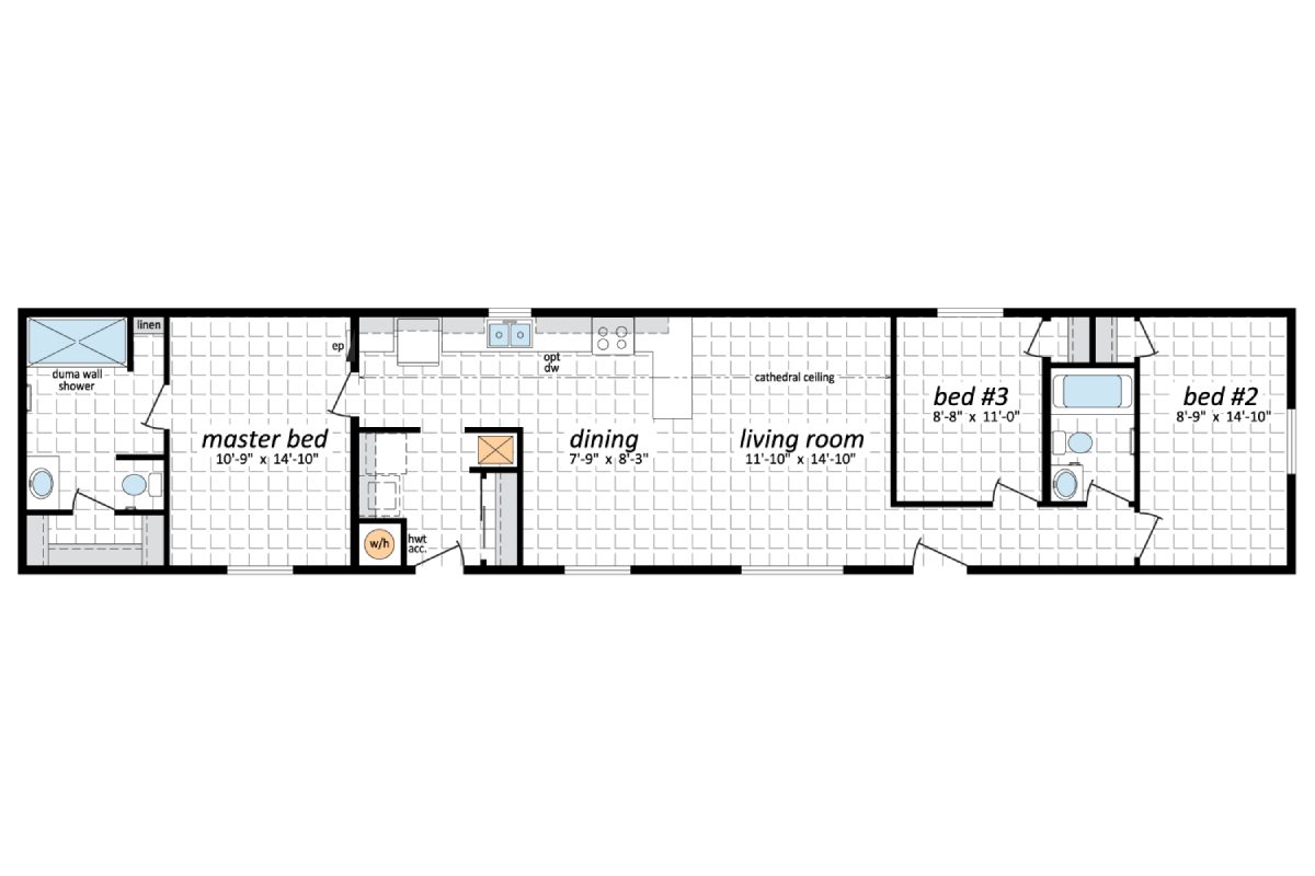 Floor plan with three bedrooms and living area.