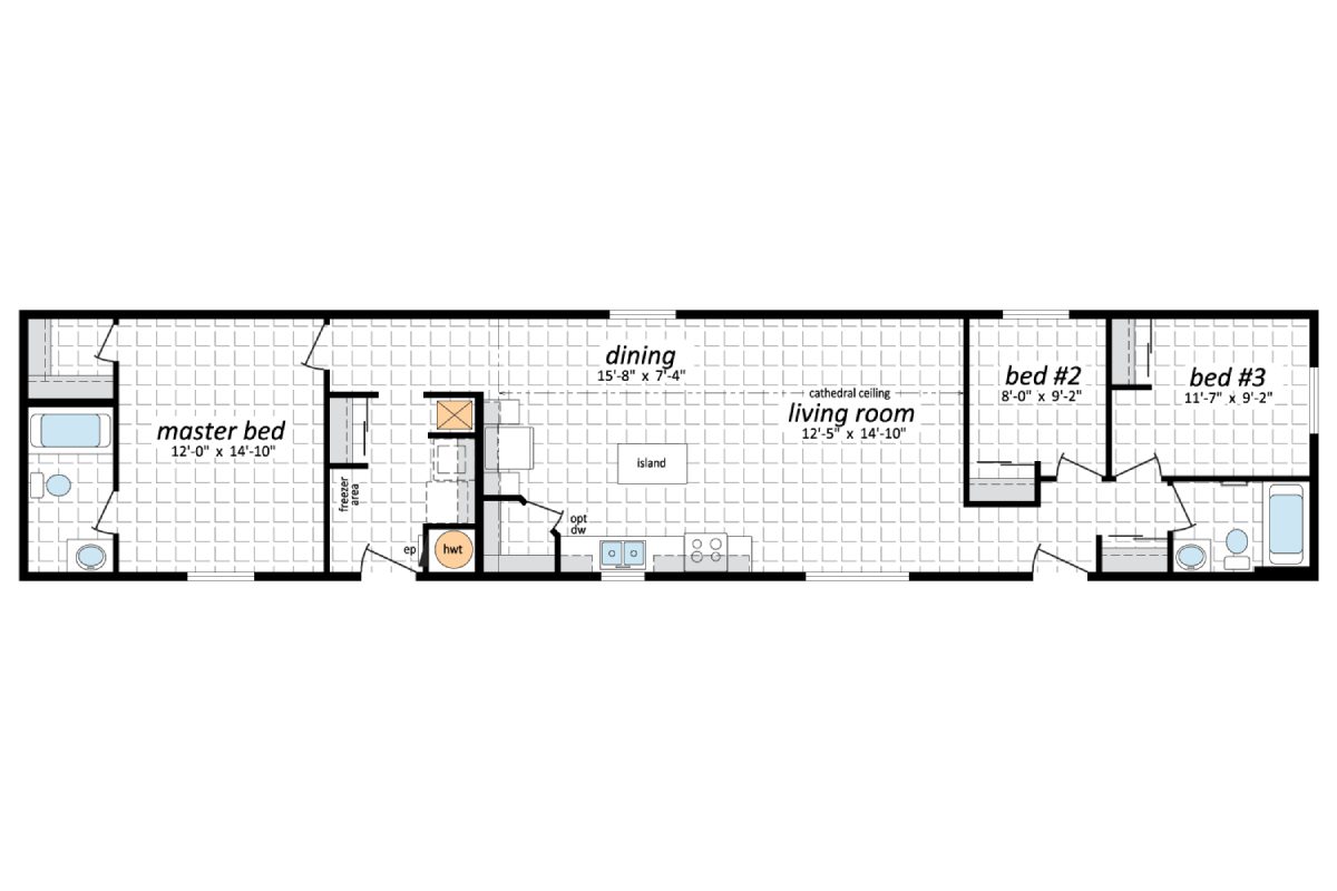 House floor plan with three bedrooms layout.