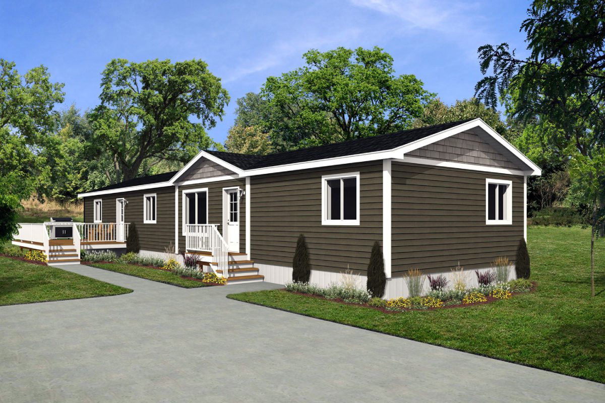 Brown house with white trim and trees.